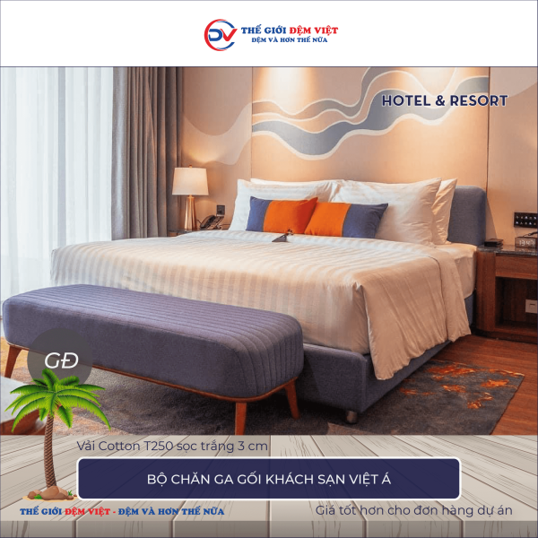 Bộ chăn ga gối khách sạn Việt Á vải Cotton T250 sọc trắng 3cm 3